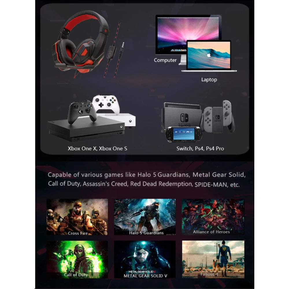 Black and red wired gaming headset with noise-cancelling microphone, compatible with consoles, PC and laptops.