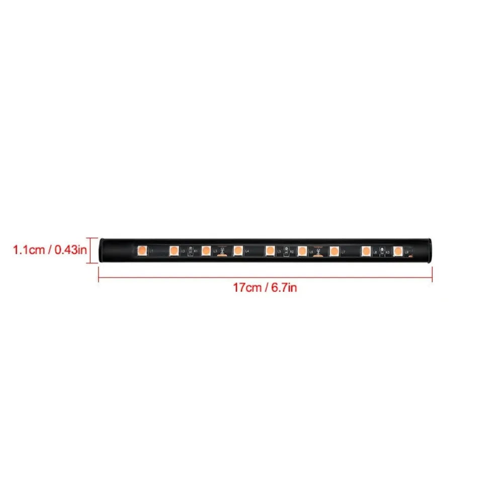 Black LED car interior ambient strip light with dimensions showing 17cm length and 1.1cm width.
