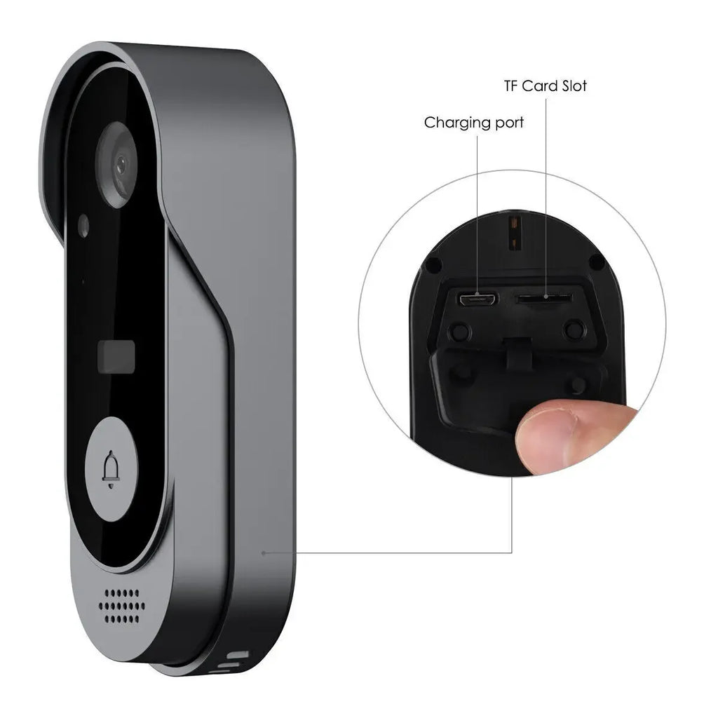 Grey wireless smart video doorbell with speaker, camera, and a detail view of the charging port and TF card slot.