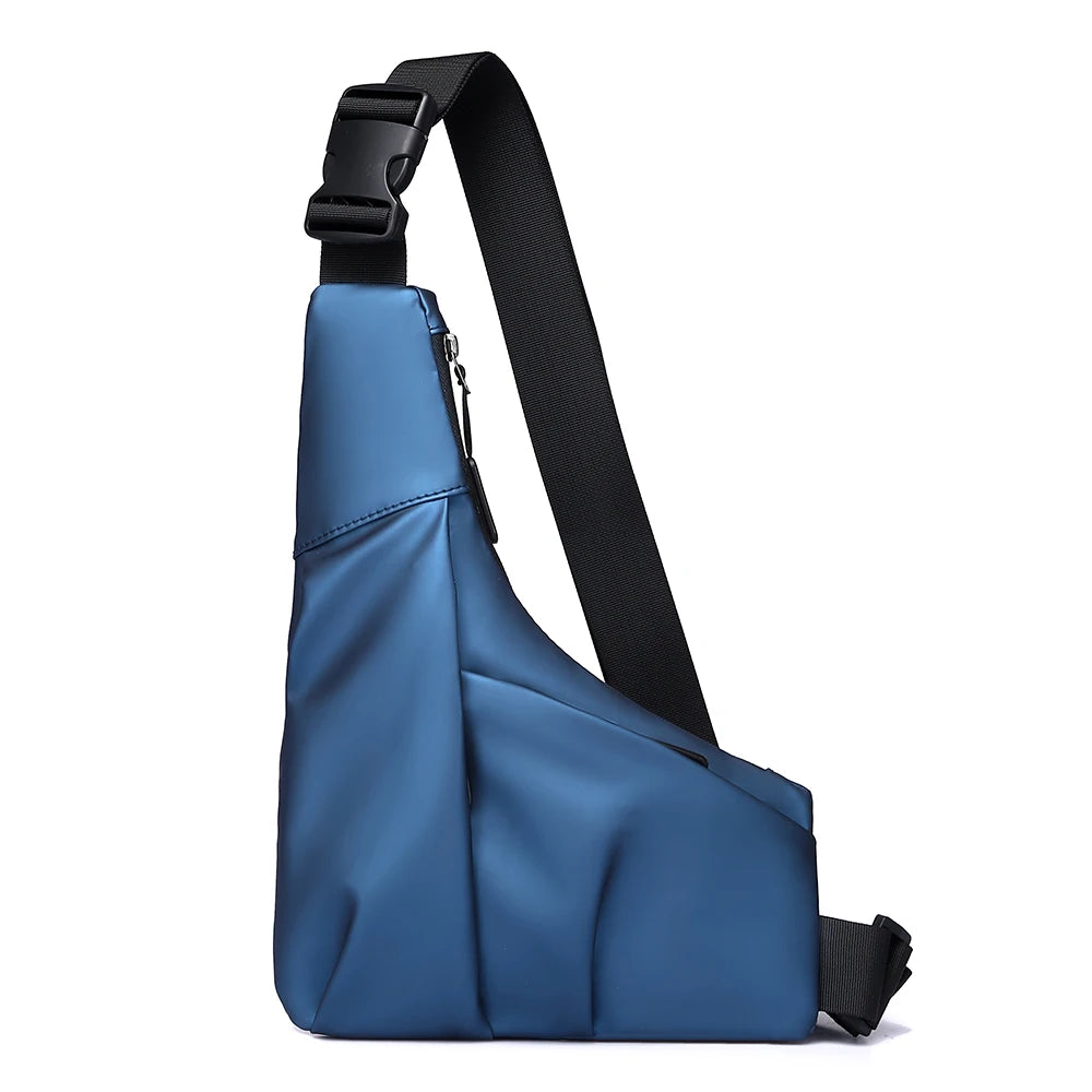 Blue triangle-shaped crossbody chest bag with a thick black adjustable strap and a secure zip closure.