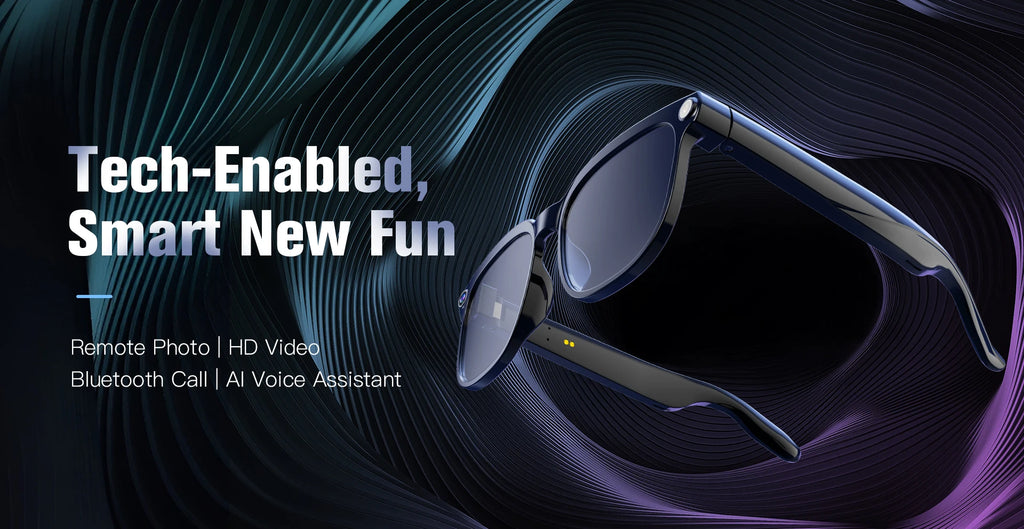 Sleek black smart glasses featuring a built-in camera, shown against a dynamic, abstract dark blue and purple background.