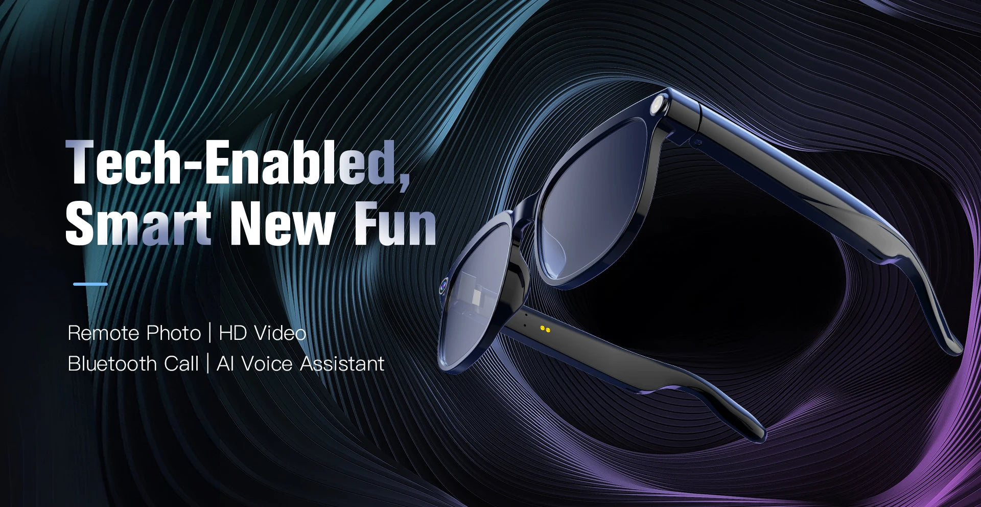 Sleek black smart glasses featuring a built-in camera, shown against a dynamic, abstract dark blue and purple background.