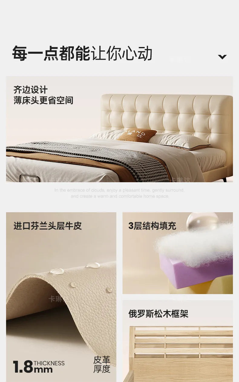 Minimalist cream bed frame with a button-tufted headboard, leather upholstery, multi-layer cushioning and pine frame.