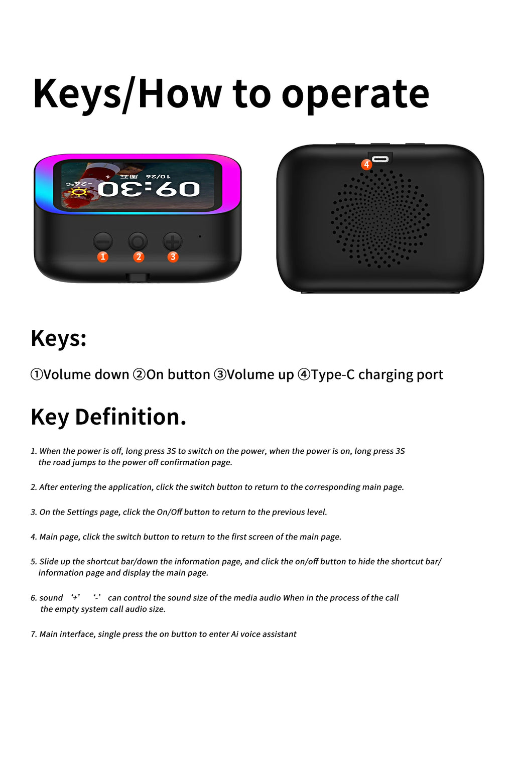 Black smart speaker with colourful LED light border, digital screen, control buttons, and Type-C charging port.