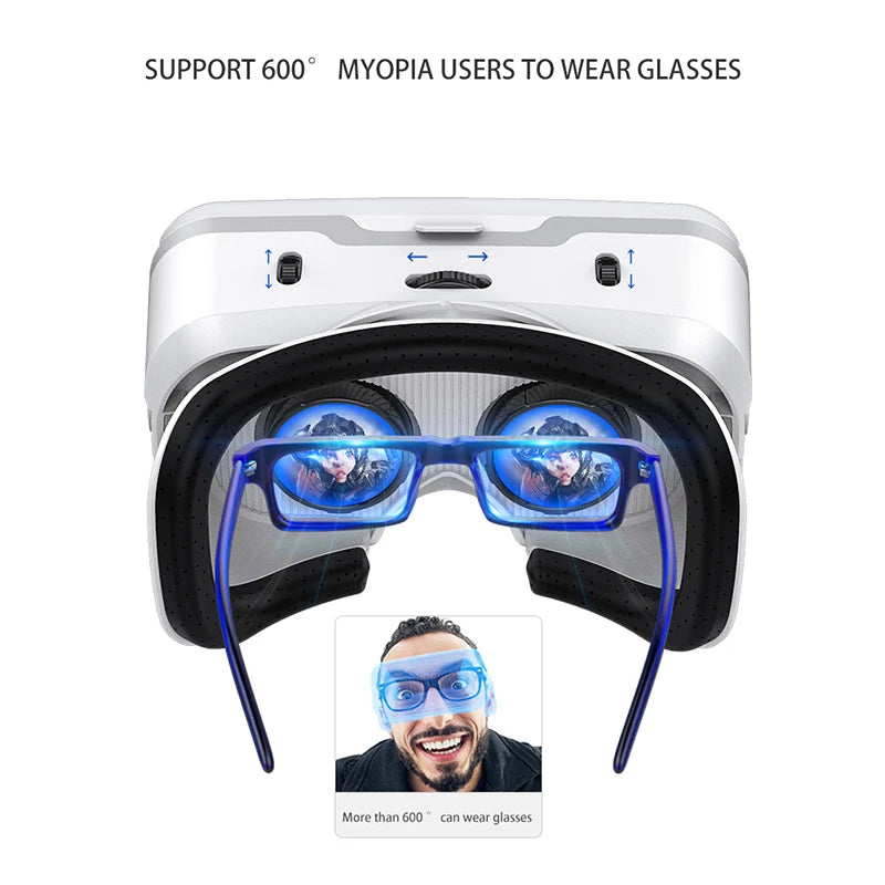 White VR headset with black face padding and blue glasses positioned inside, showing myopia compatibility.