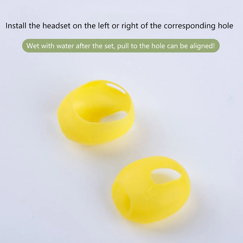 Bright yellow silicone earbud covers for AirPods, showing left and right pieces with cutout alignment holes.