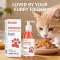 Bottle of orange salmon oil for pets with pump dispenser and box, beside a cat eating food drizzled with the oil.