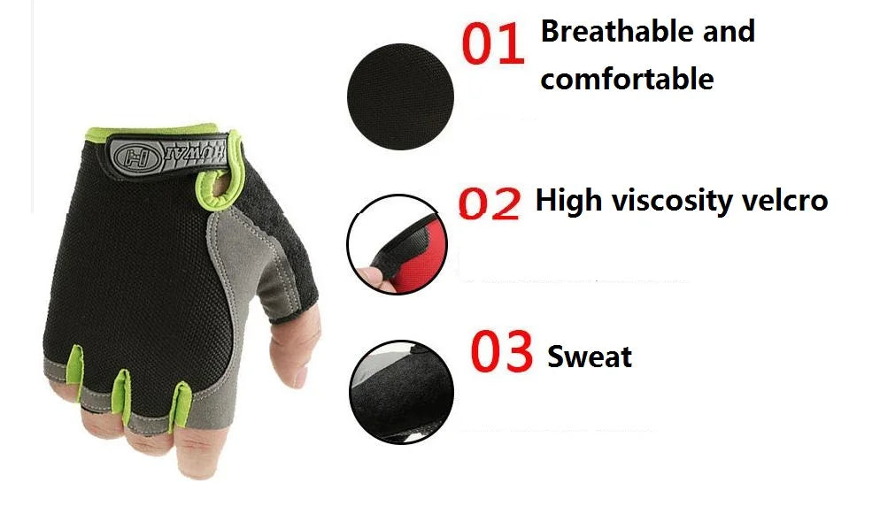 Fingerless black and grey cycling gloves with neon green trim and velcro strap, plus close-up feature callouts.