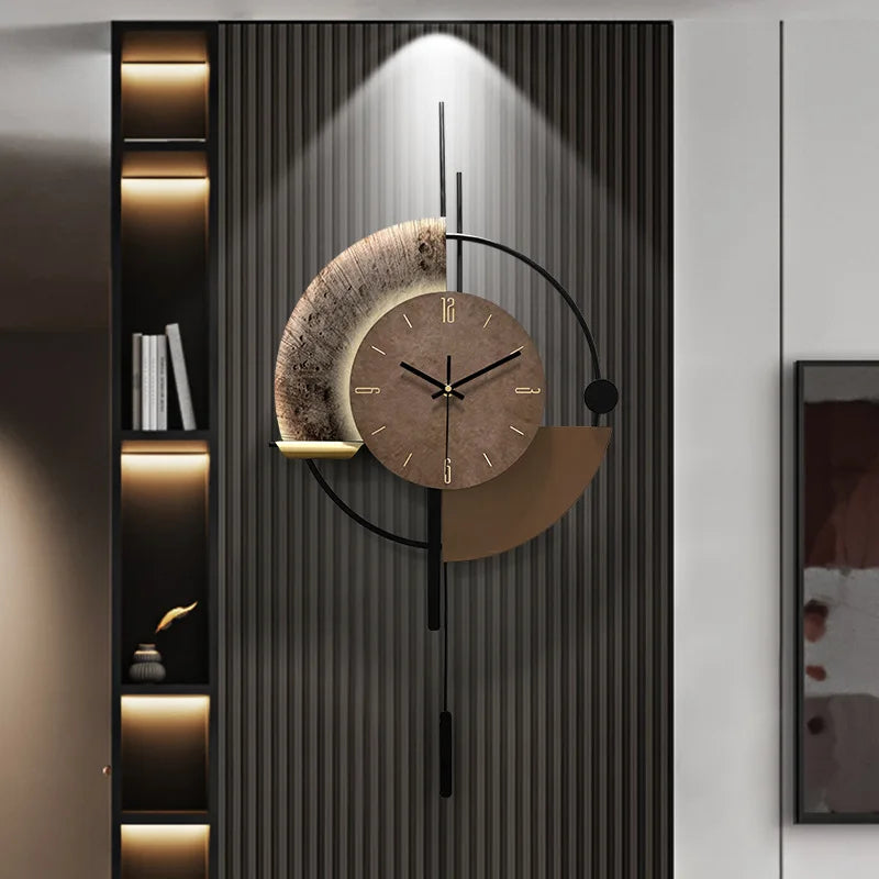 Modern minimalist wall clock featuring a brown circular dial, geometric metal frame, and abstract artistic elements.