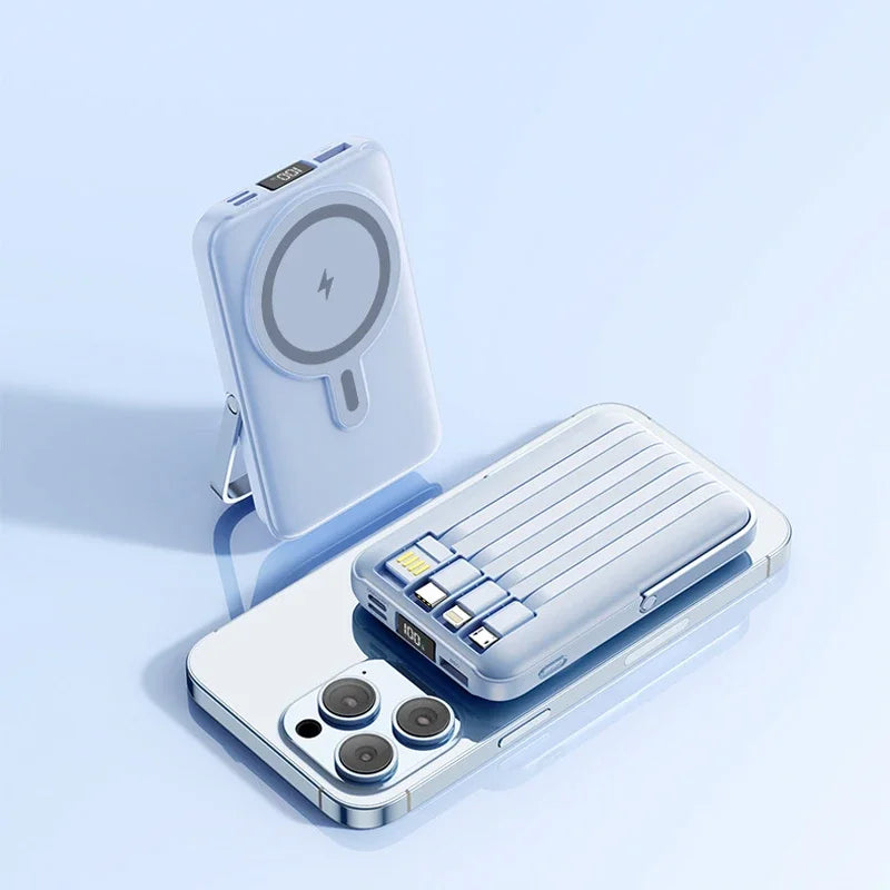 Light blue magnetic power bank with integrated cables and digital display, shown with a smartphone.