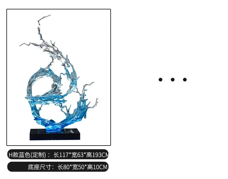 Modern abstract resin sculpture featuring a dynamic, flowing blue and silver water-splash design on a black base.