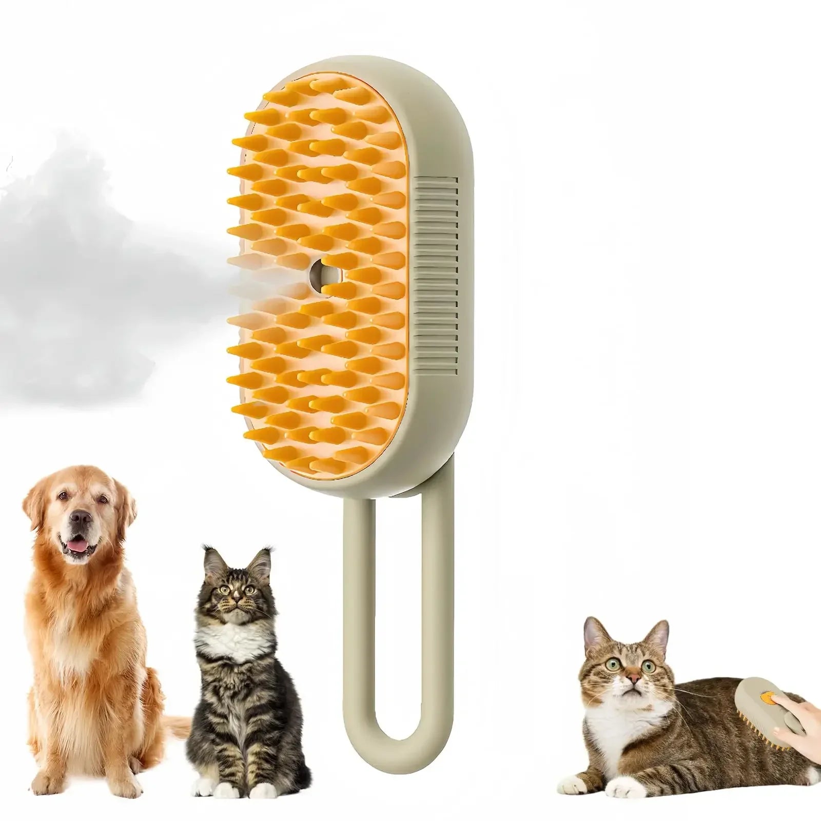 Sage green electric steam pet grooming brush with soft yellow silicone bristles, shown with a dog and cats.