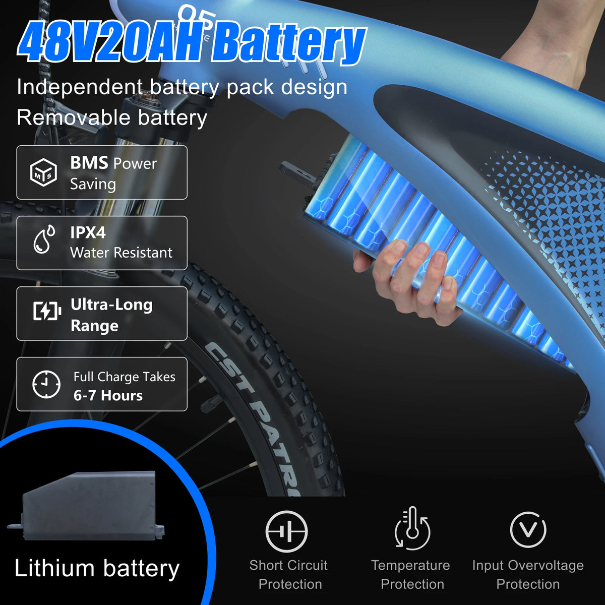 Blue HUANCI Q5 electric mountain bike showing its removable 48V 20Ah lithium battery pack and key features.