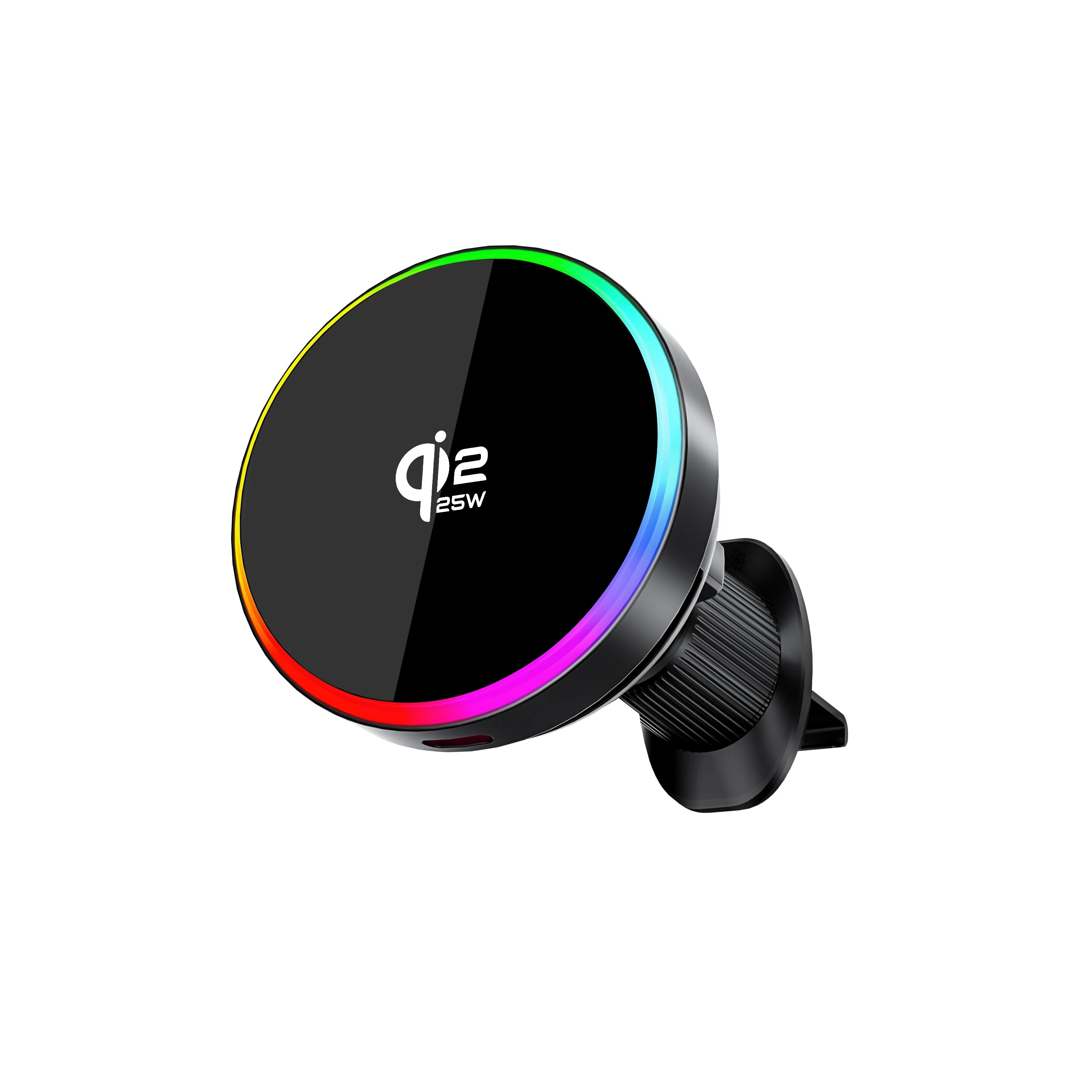Round black magnetic car phone charger with a colorful LED light ring and 25W fast charging capabilities.