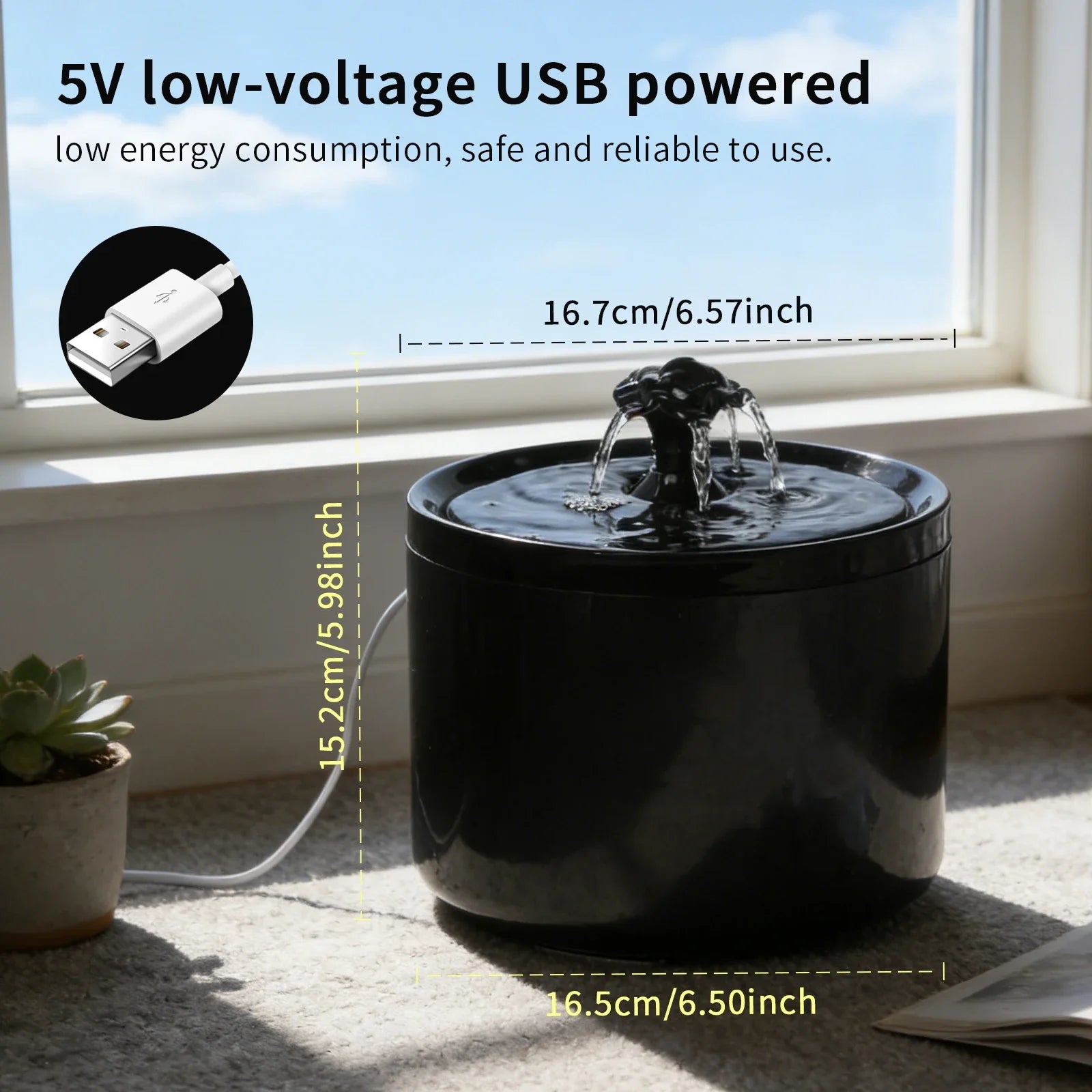 Black cylindrical pet water fountain with a bubbling top feature, powered by a white USB cable.