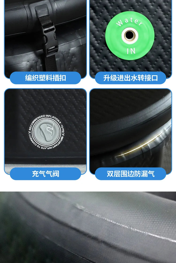 Four detailed close-ups of a black inflatable tub, including a buckle, water inlet, valve, and leak-proof edge.