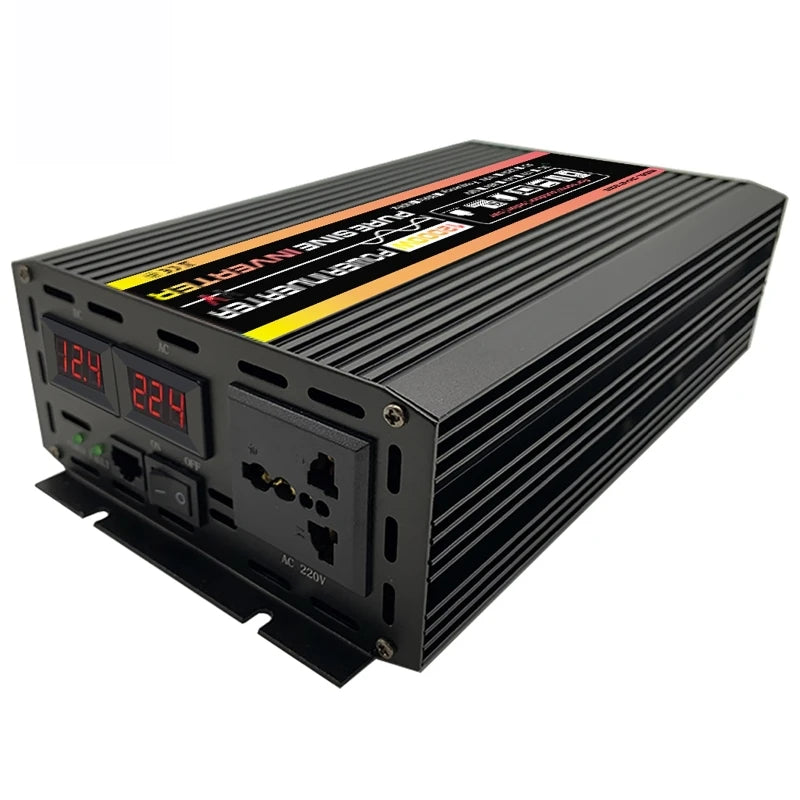 Black 12000W pure sine wave power inverter with LED voltage displays and AC power socket.