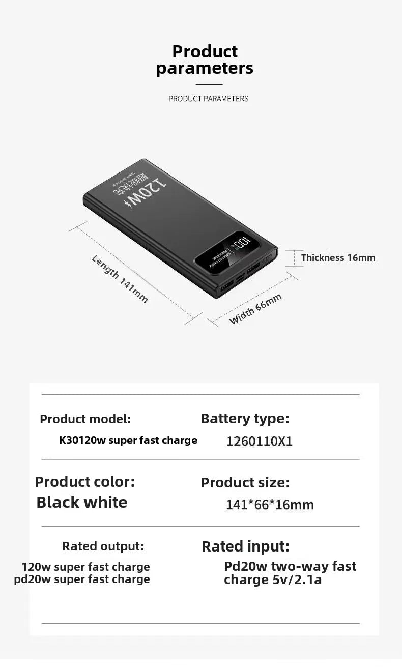 Slim black 20,000mAh power bank with a digital display showing battery percentage and fast-charging capabilities.