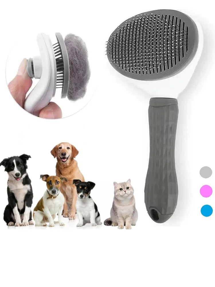 Grey and white self-cleaning pet slicker brush with dogs and a cat. Button retracts bristles for easy hair removal.