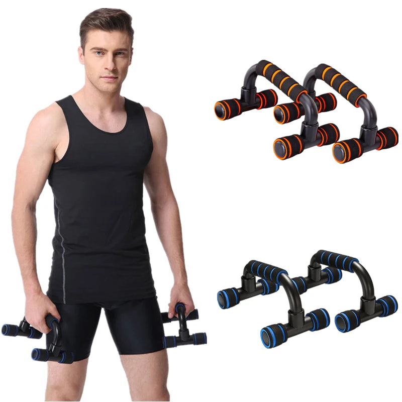 A man in gym gear holding push-up bars, shown with additional black handles featuring orange or blue foam grips.