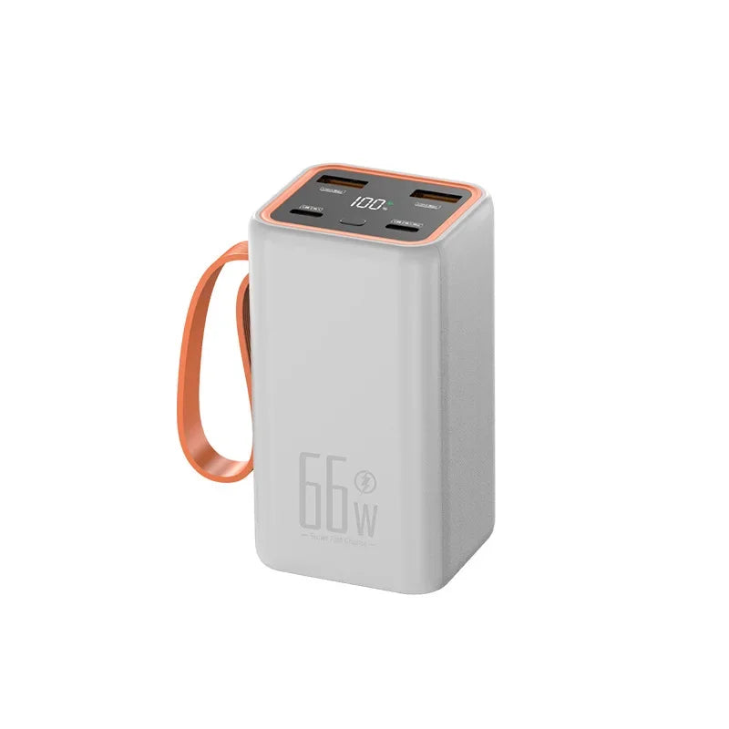 White, compact 20,000mAh power bank with orange strap, digital display, and multiple charging ports.