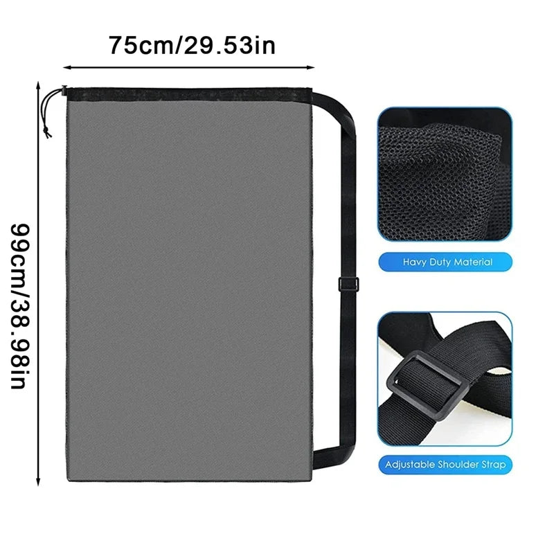 Grey rectangular drawstring laundry bag with an adjustable shoulder strap and durable mesh fabric, 75cm x 99cm.