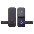 Black metal electronic smart door lock with a digital keypad, fingerprint scanner, and lever handle.
