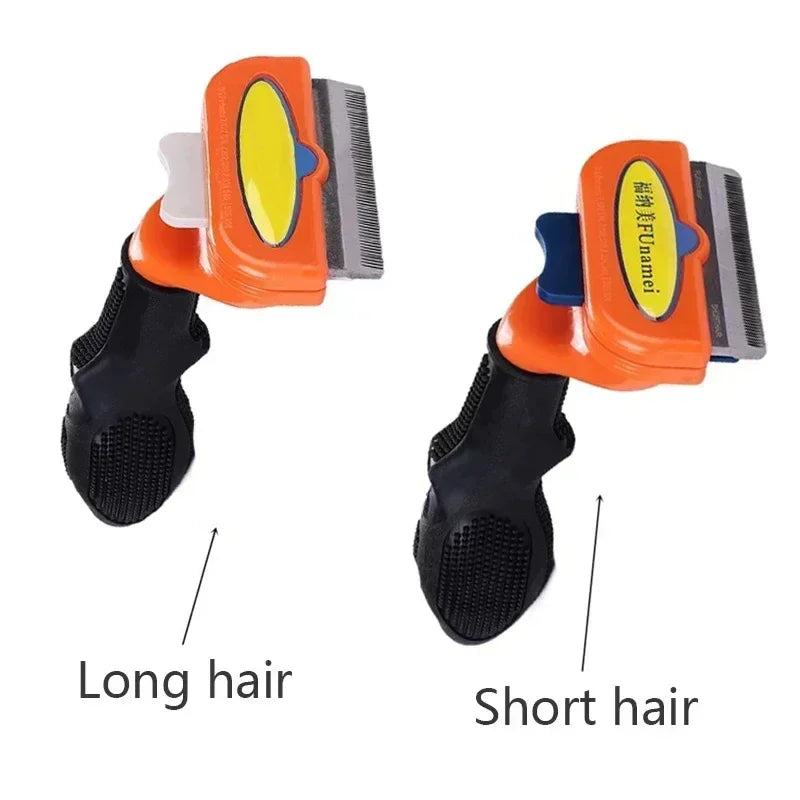 Two orange and black pet de-shedding tools for long and short hair, with stainless steel blades and ergonomic handles.