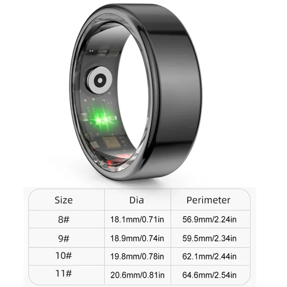 Sleek black smart health ring showing internal sensors and a green fitness tracking light with a size guide chart.