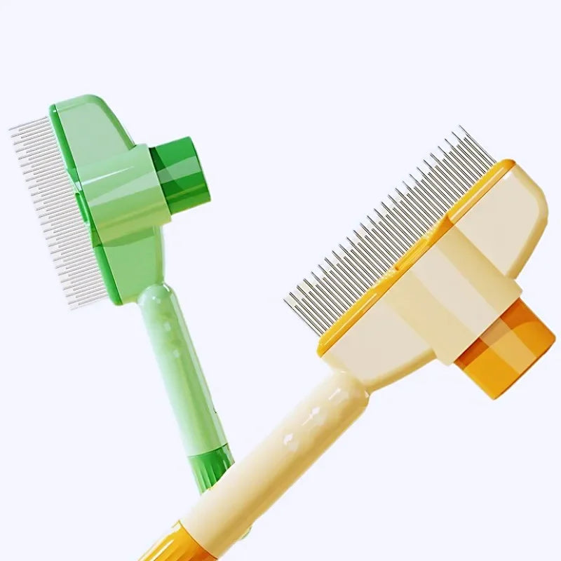Two pet grooming brushes with metal tines; one green, one cream and orange. Features a push-button self-cleaning design.