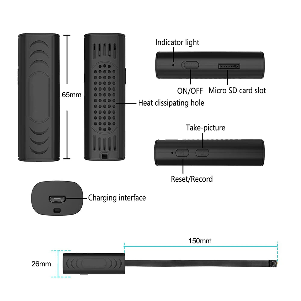 Black plastic portable camera with heat vents, charging port, Micro SD slot, and buttons for recording and power.