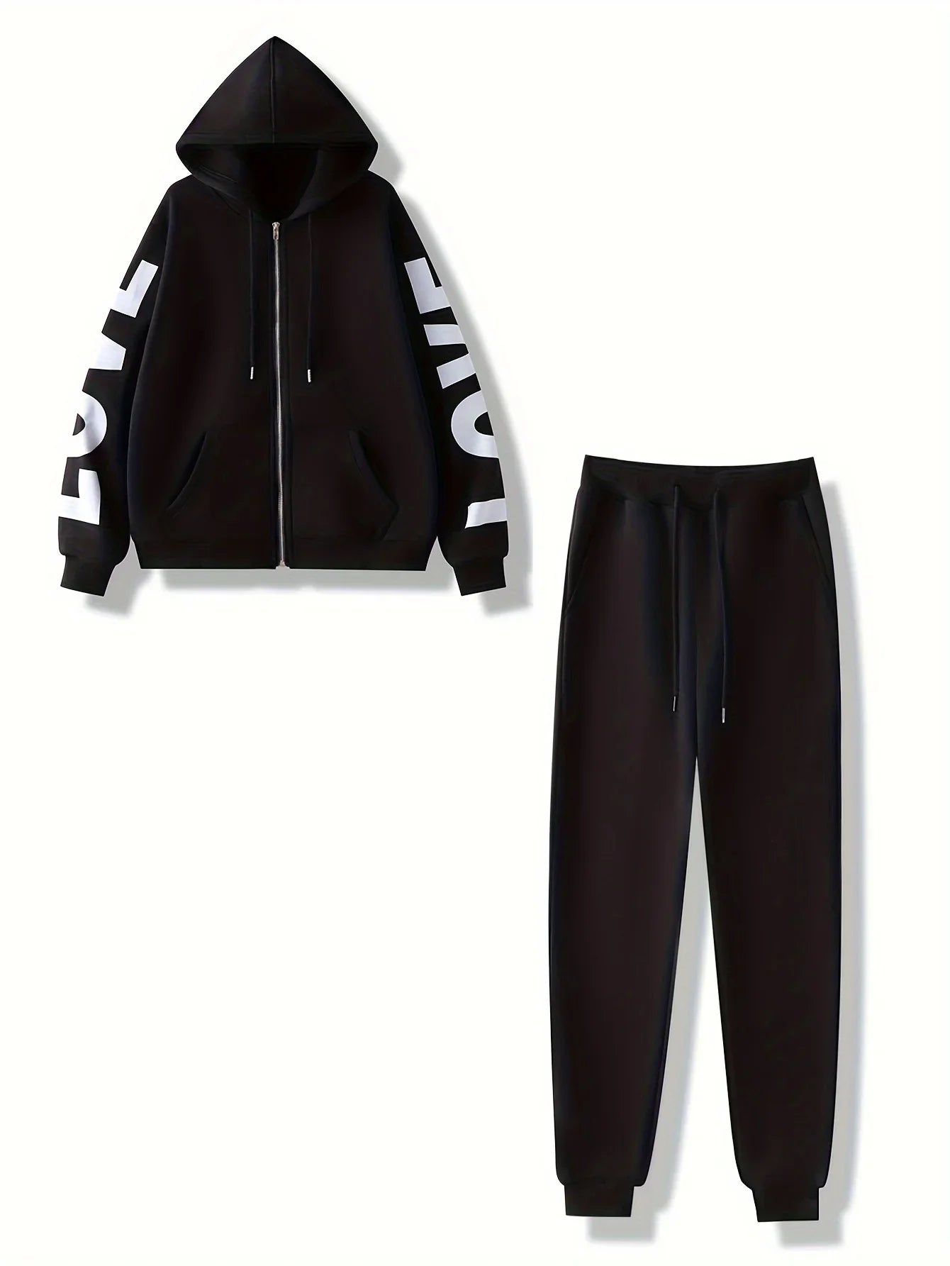 Black two-piece tracksuit featuring a zip-up hoodie with 'LOVE' print on sleeves and matching cuffed joggers.