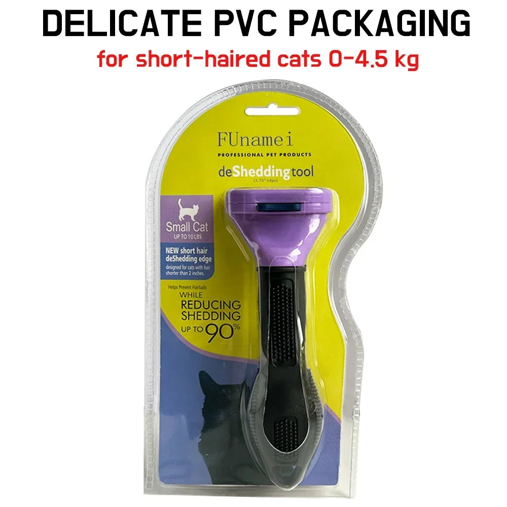 Purple and black de-shedding tool for small cats in clear PVC packaging on a yellow and blue card.