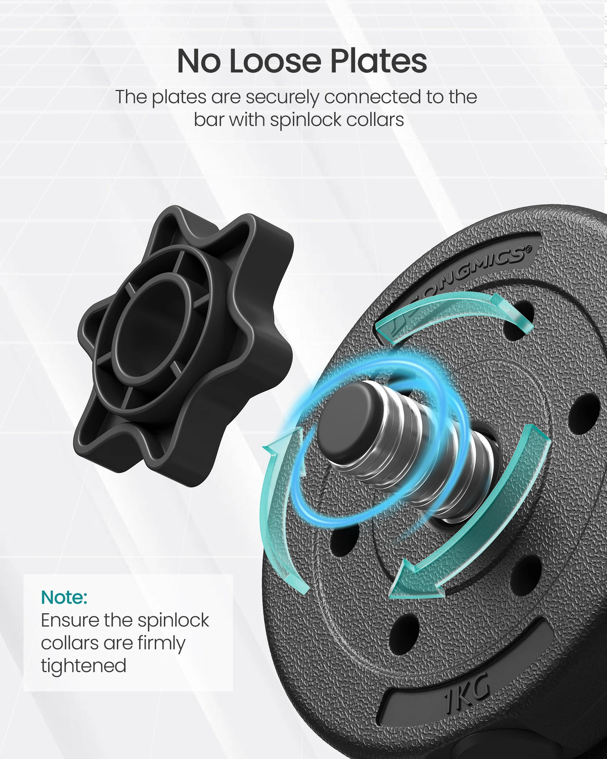 Black plastic-coated dumbbell weight plate secured with a star-shaped spinlock collar on a threaded bar.