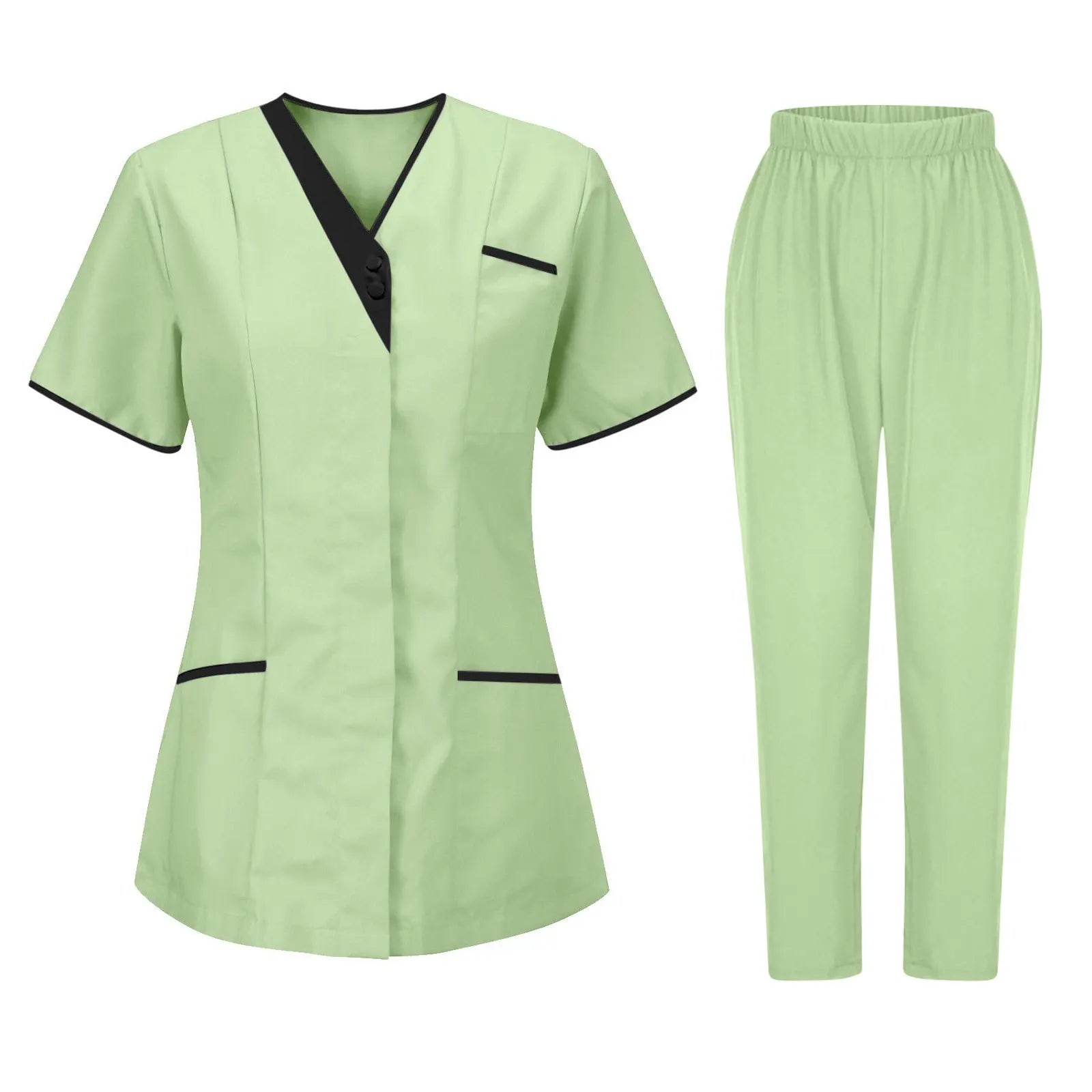 Light green women’s uniform set with V-neck top, black trim, short sleeves and elasticated trousers.