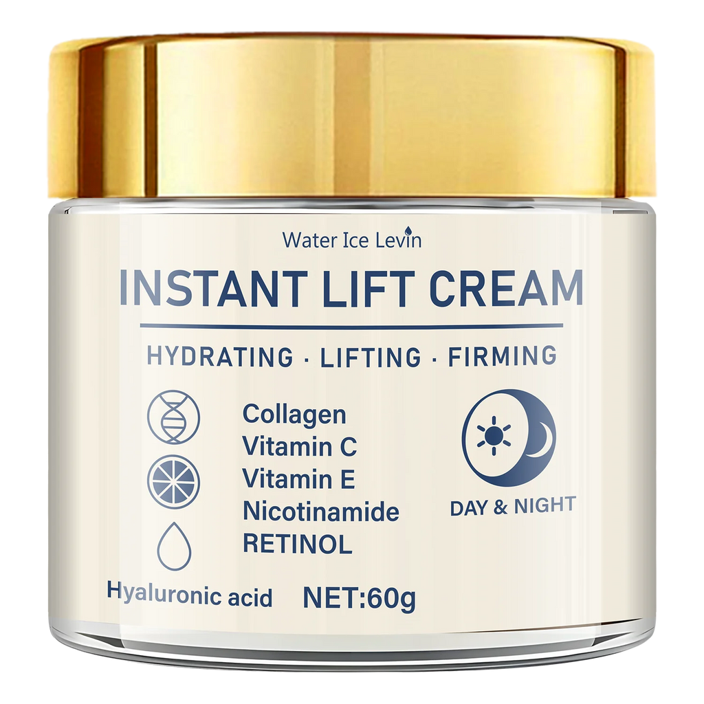 60g jar of instant lifting, hydrating, and firming cream with a gold lid, featuring retinol, collagen, and vitamins.