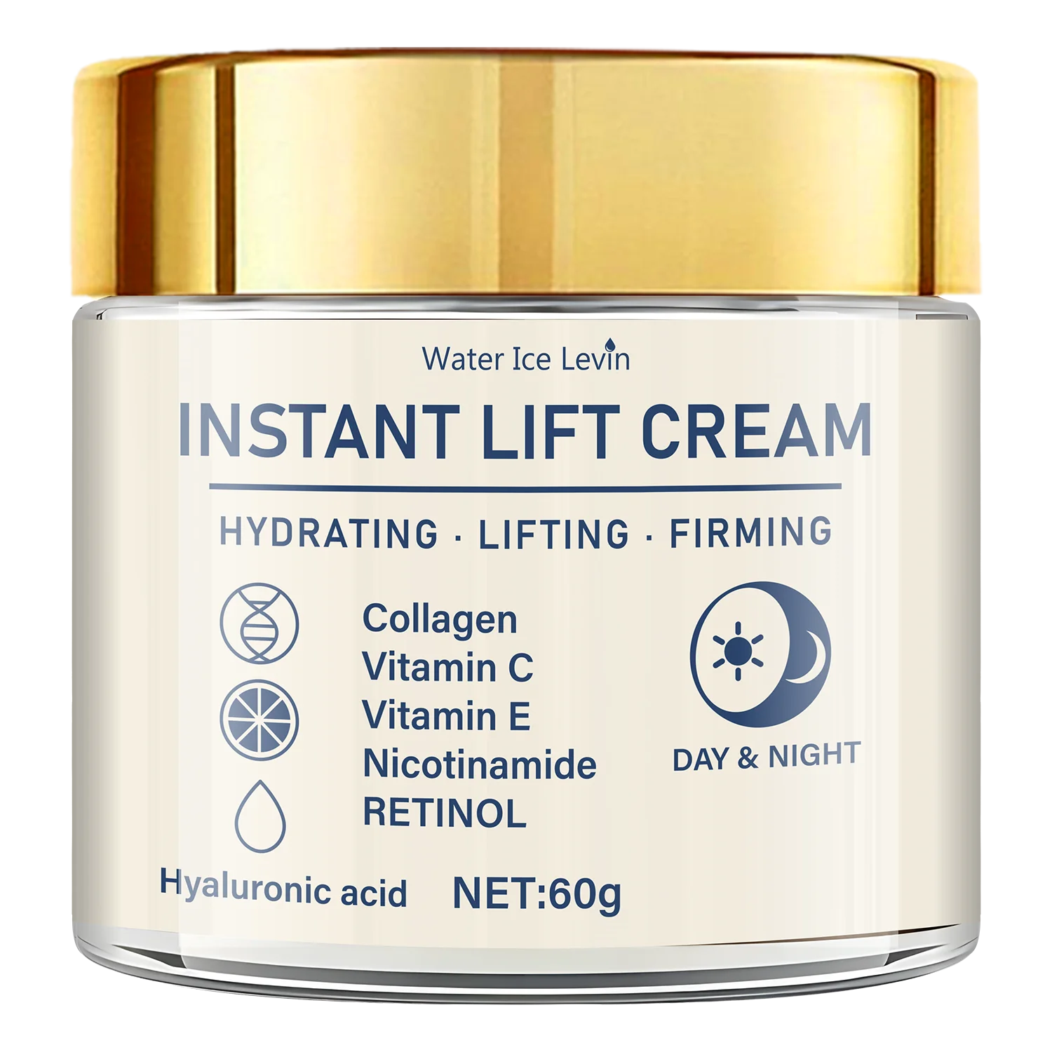 60g jar of instant lifting, hydrating, and firming cream with a gold lid, featuring retinol, collagen, and vitamins.