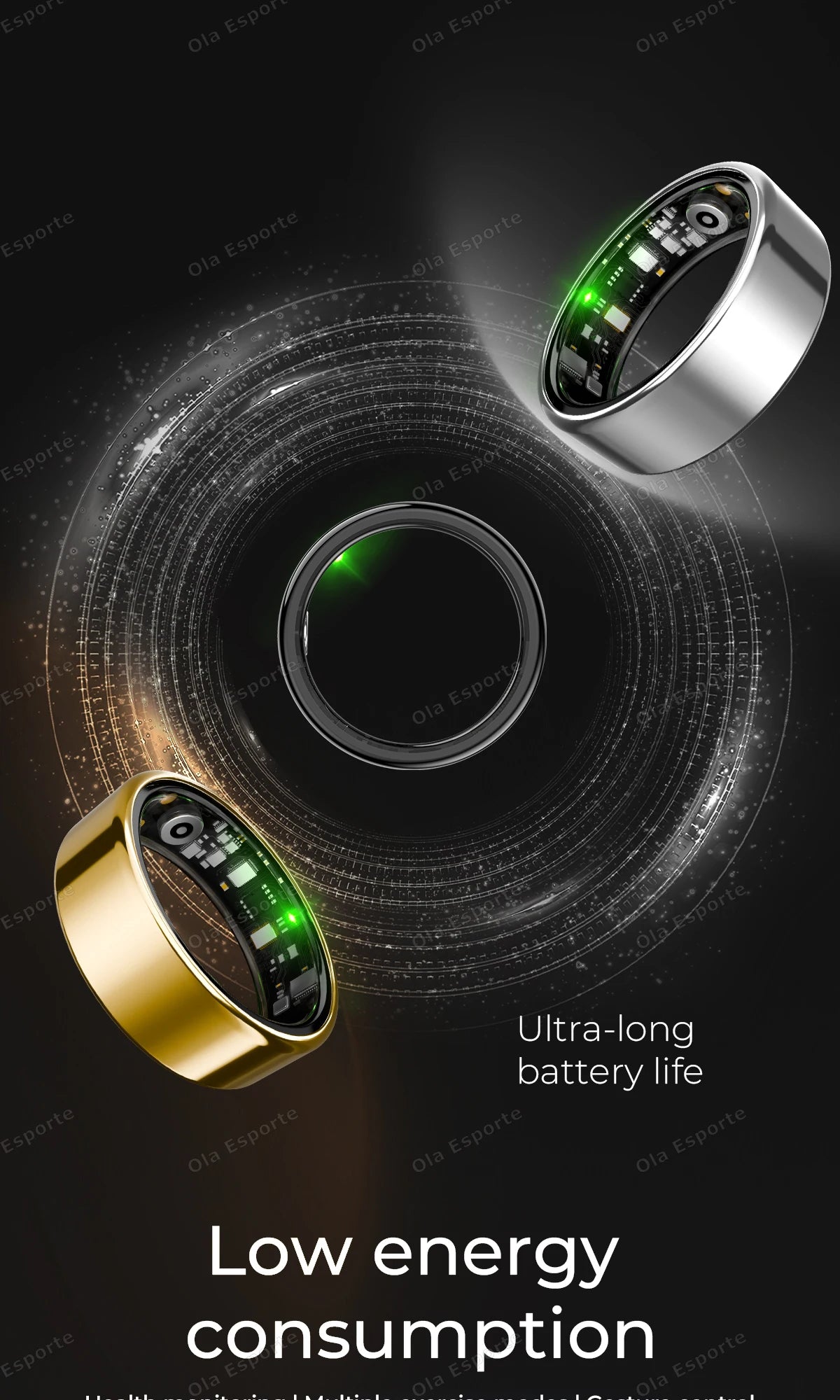 Silver and gold smart fitness rings with interior sensors showing green LED health monitoring lights.