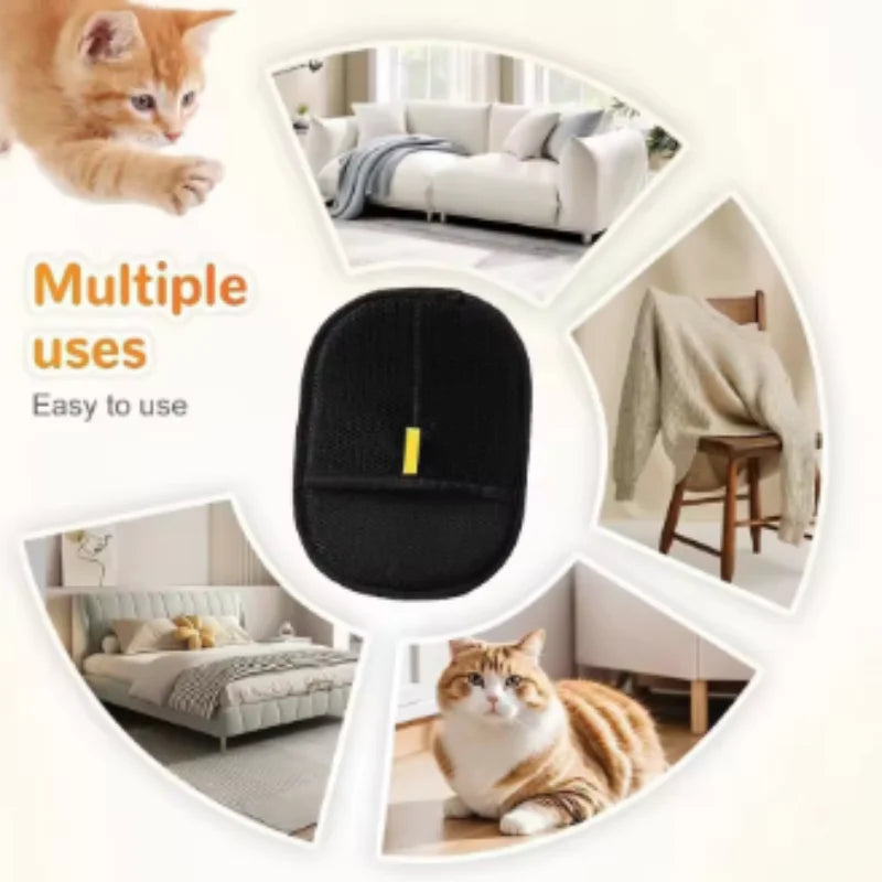 Black lint remover mitt with a yellow tab, shown in a collage removing pet hair from furniture, clothes, and bedding.