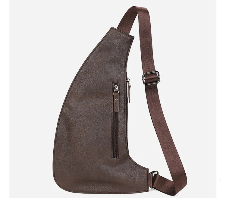 Dark brown faux leather crossbody sling bag with a teardrop shape, vertical zip pocket and adjustable webbing strap.