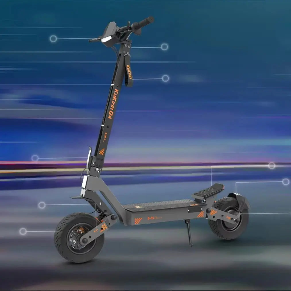 Black G4 electric scooter with orange accents, 11-inch tubeless tires, dual-shock absorption, and disc brakes.
