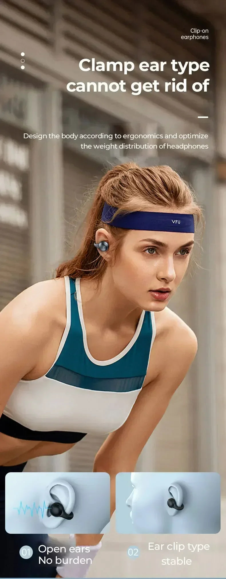 A woman wears small, dark grey clip-on earphones designed for a secure, comfortable fit during exercise.
