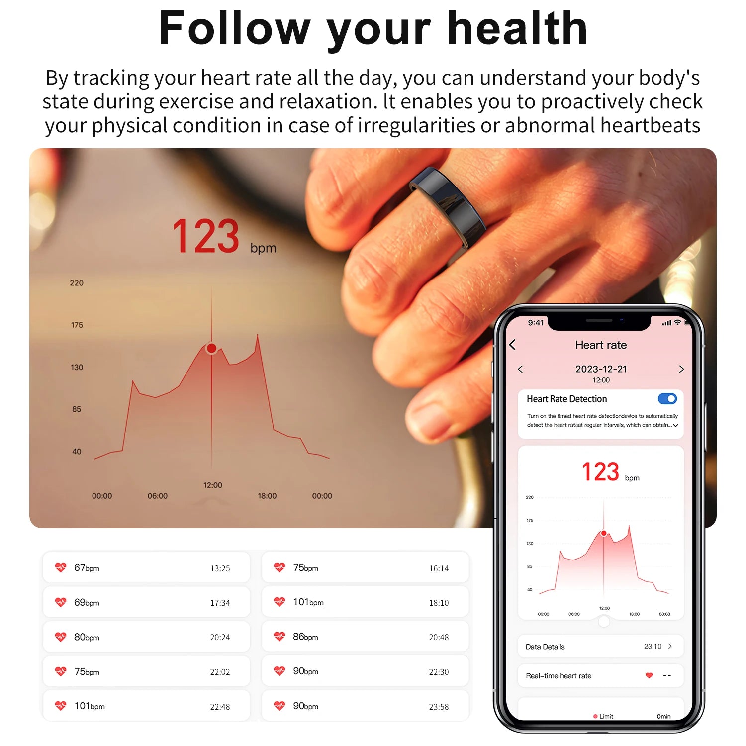 Sleek black smart health tracking ring worn on a finger, displaying real-time heart rate data on a paired smartphone.