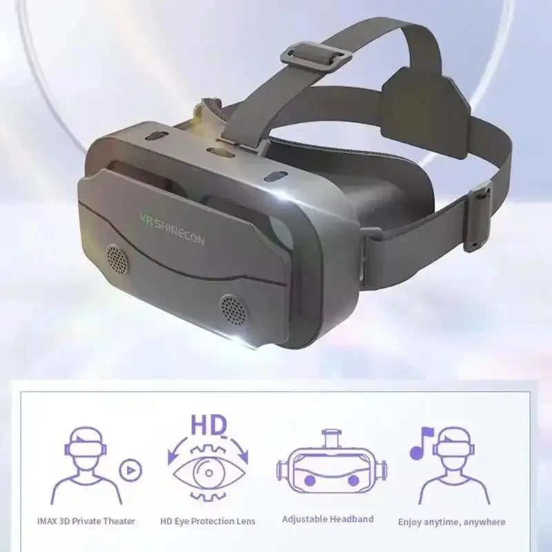 Grey 3D virtual reality headset with adjustable straps, dual lenses, and integrated audio grilles on the front.
