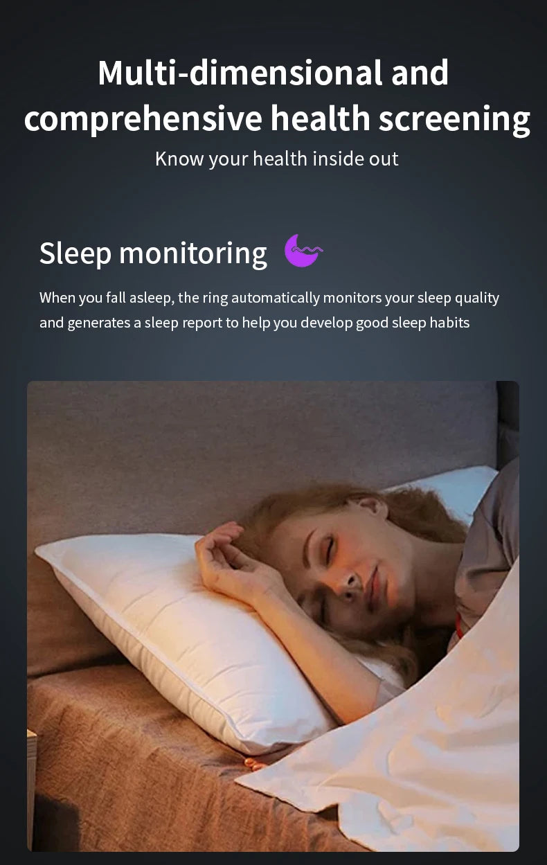 A woman sleeps peacefully in bed, highlighting the health-tracking ring's automatic sleep monitoring feature.
