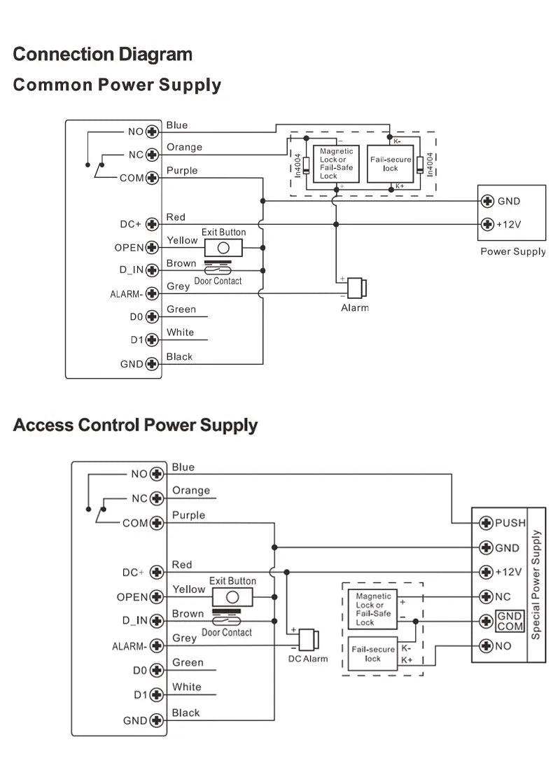 Black and white technical diagram showing connection wiring for common and access control power supplies.
