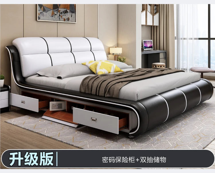 Modern low-profile bed frame in cream and black leather with integrated storage drawers and a built-in safe.