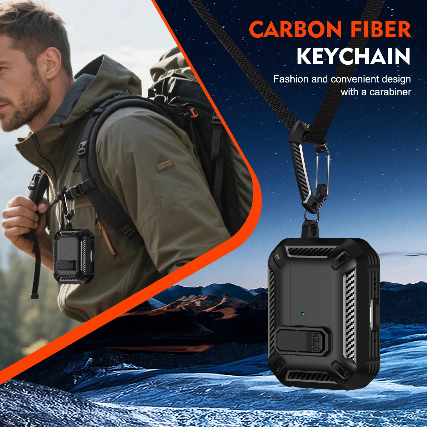Black carbon fibre protective AirPod case with a carabiner keychain for rugged, secure carry.