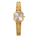 BERNY gold octagonal watch featuring a pink dial, crystal hour markers, and a textured chevron-patterned strap.