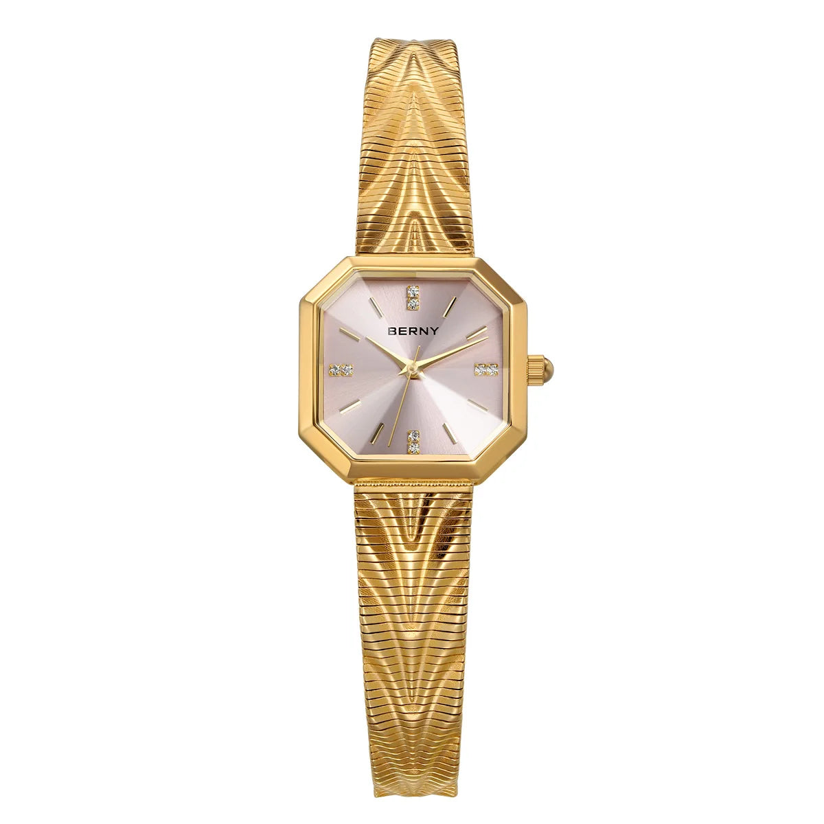 BERNY gold octagonal watch featuring a pink dial, crystal hour markers, and a textured chevron-patterned strap.